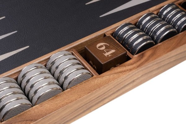 Lüks Deri ve Ahşap Tavla Seti – Siyah Gri